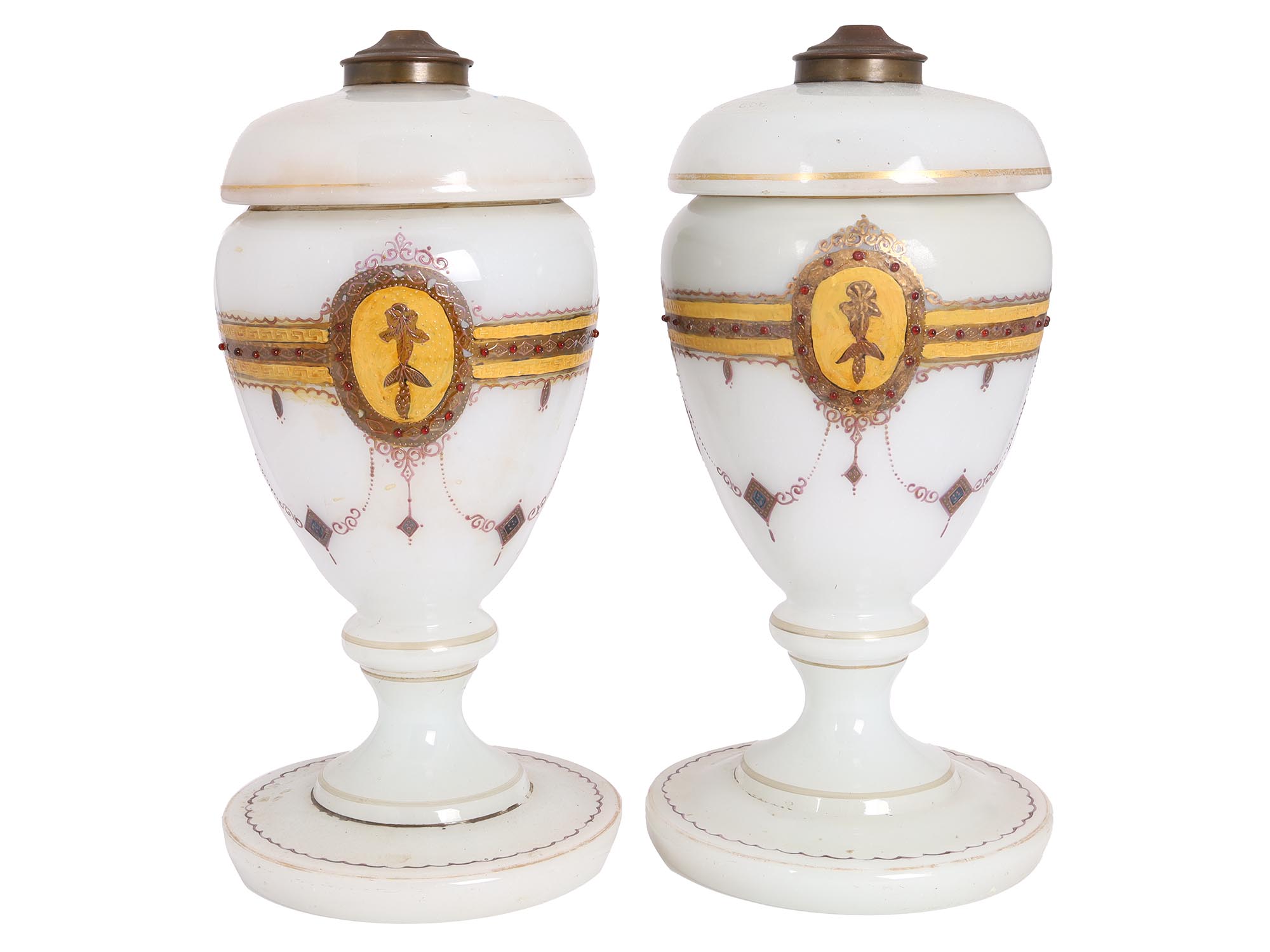 PAIR OF ANTIQUE WHITE OPALINE GLASS LIDDED VASES PIC-0